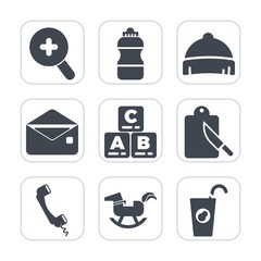 Premium fill icons set on white background . Such as mail, head, fruit, message, soda, restaurant, object, communication, hat, horse, clothing, envelope, cutlery, container, headwear, juice, baby, cap