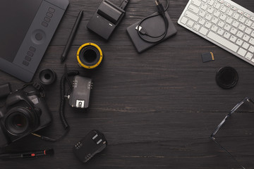 Diverse personal equipment for photographer