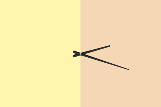 Creative concept photo of clock arrows on striped colorful background. Minimalism style