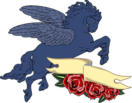Winged fairy horse Pegasus on the background of a banner