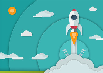 Space rocket launch in paper art style. Start up business concept. A4 size vector illustration.