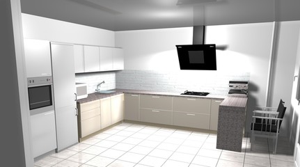 Naklejka na ściany i meble white beige kitchen 3D rendering loft