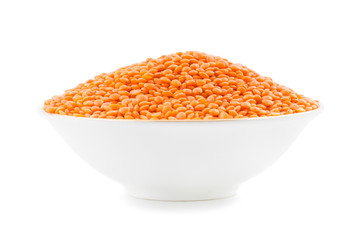 Red Lentils Also Know as Lentilha Vermelha, Red Dal, Red Split Lentils, Lens Culinaris, Red Lentil Legume or Masoor Dal Isolated on White Background