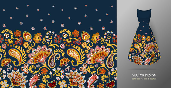 Seamless vertical fantasy flowers border pattern. Hand draw floral background on dress mockup. Vector. Traditional eastern pattern for textiles, wallpapers, decor. Hot red orange colors on dark blue