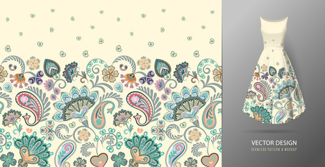 Seamless vertical fantasy flowers border pattern. Hand draw floral background on dress mockup. Vector. Traditional eastern pattern for textiles, wallpapers, decor etc. Pastel blue pink beige on white