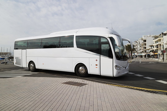 Porto Pollensa, Mallorca, Spain. 2018. Tour bus at the bus station in Porto Pollensa.