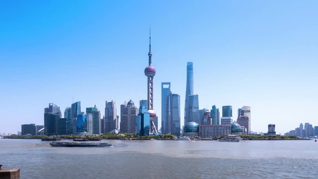 time lapse of shanghai skyline in daytime, modern waterfront cityscape in China