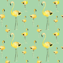 Hand Drawn Illustration With Flamingo. Exotic Summer Beach Motif. Swimwear Design, Wrapping, Background, Wallpaper, Fabric. Hawaiian Print. Jungle Birds Repeated Ornament. Aloha. Boho. Africa.