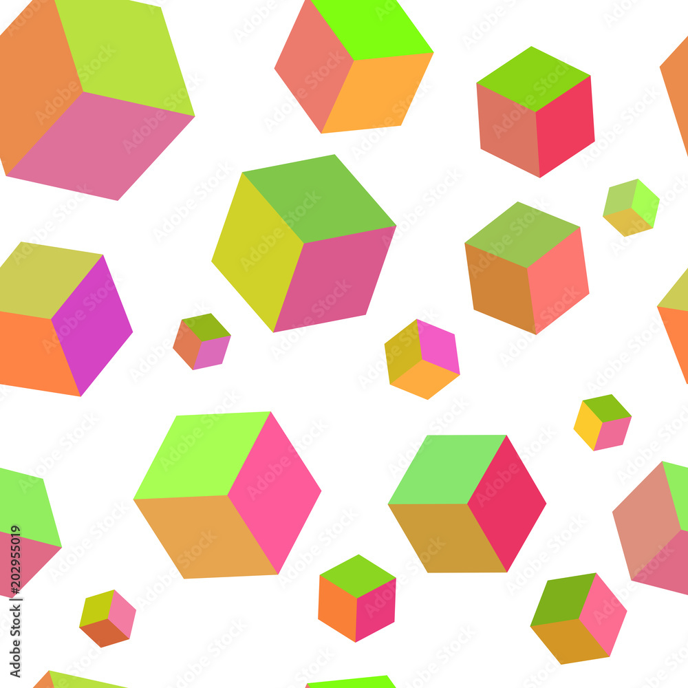 Poster Abstract seamless pattern with colorful cubes on white background. Optical effects.