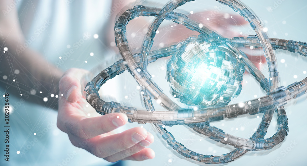 Aufkleber Businessman using futuristic torus textured object 3D rendering