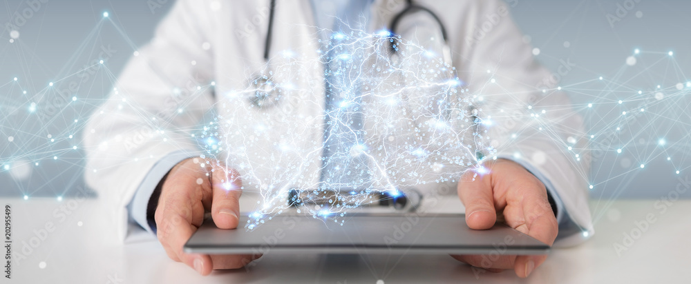 Poster Doctor holding digital brain interface 3D rendering
