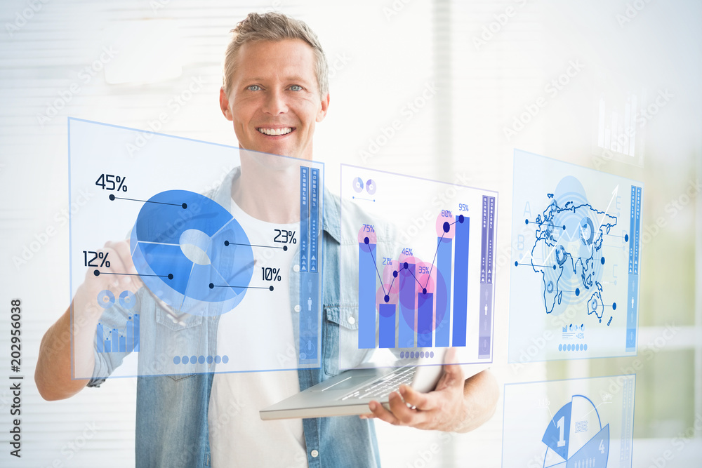 Poster digitally generated image of pie chart and bar graph against smiling businessman holding a laptop