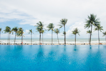 Fototapeta na wymiar Blurred image of tropical sea. Coconut trees on the beach.