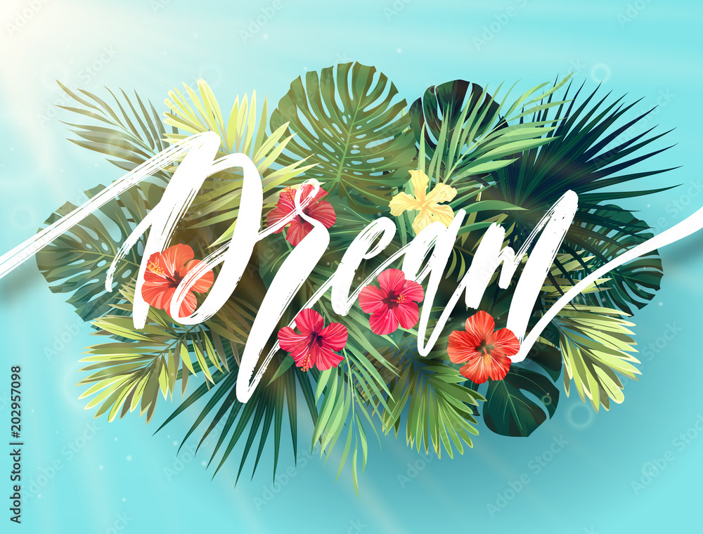 Wall mural Summer lettering with green palm leaves and bright hibiscus flowers on a sky blue background. Modern botanical typography design. Vector illustration.