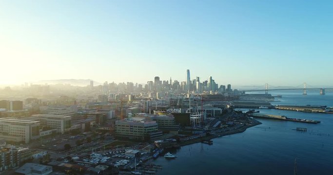 Aerial view of San Francisco city skyline at sunset