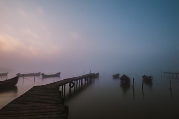 Beautiful foggy morning in Sarichioi village, from this place the locals are taking the boats and going to fishing. 