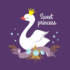 Cute cartoon white baby swan princess vector graphics for poster or girl t-shirt