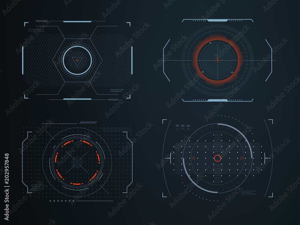 Poster futuristic helmet hud screens cockpit view. glowing visual display vehicle technology. interactive i