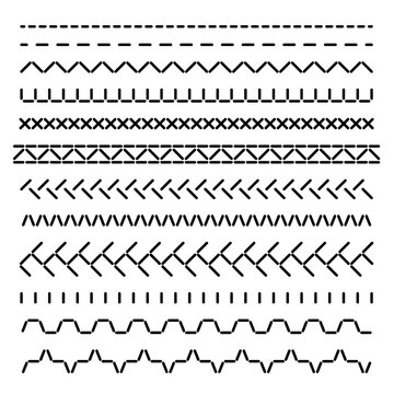 Stitched seamless borders, sewing machine seams for fabric structure vector set isolated