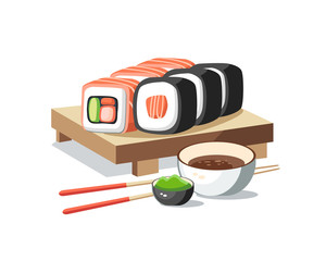 Sushi rolls set lying on the plank tasty delicious with wasabi and soy sauce - obrazy, fototapety, plakaty