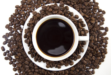 Cup of Strong Black Coffee in a White Cup and Saucer