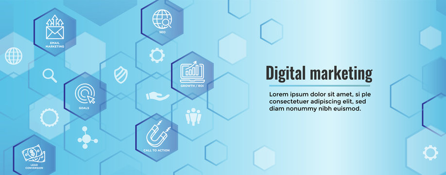 Digital Inbound Marketing Web Banner w Vector Icons with CTA, Growth, SEO, etc