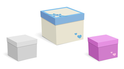 Square empty boxes for gifts isolated on white background. Pink, white, blue and yellow. Set blank boxes. Vector illustration.