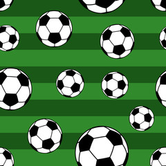 Obraz premium Seamless pattern of big soccer balls on striped background in green colors