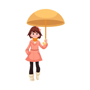Little kid girl under umbrella walks under rain smiling and happy isolated on white background. Cartoon character of child in raincoat loving rain, vector illustration.