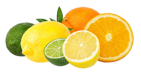Collage of fresh citrus isolated on white background with clipping path