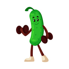 Cheerful green cucumber character working out biceps muscle, dumbbell exercise. Cute healthy fruit, organic food full of vitamin. Cartoon smiling hand drawn plant with arms, legs. Vector illustration