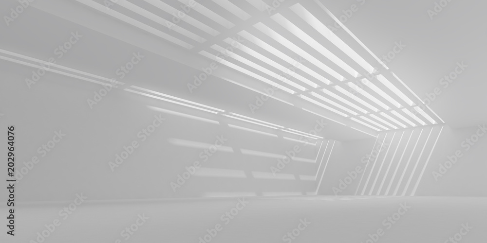 Aufkleber 3D stimulate of white interior space with sun light cast the roof shadow on the wall and floor,Perspective of minimal design architecture,3d rendering	