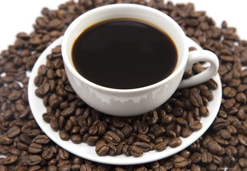 Cup of Strong Black Coffee in a White Cup and Saucer