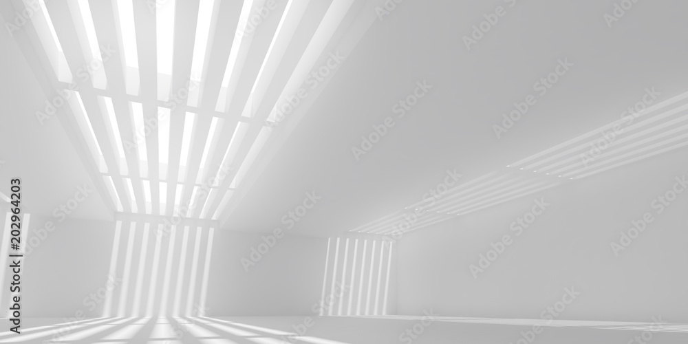 Poster 3d stimulate of white interior space with sun light cast the roof shadow on the wall and floor,persp