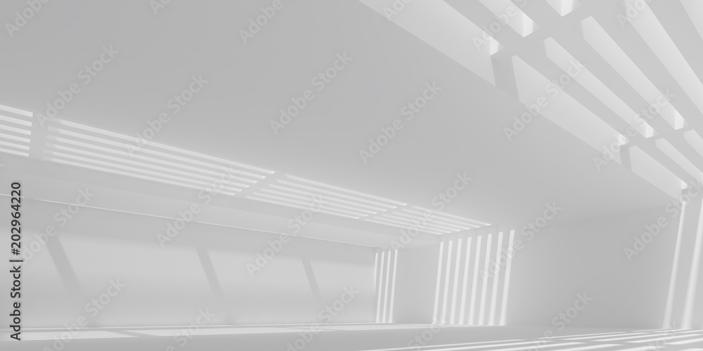 Poster 3d stimulate of white interior space with sun light cast the roof shadow on the wall and floor,persp