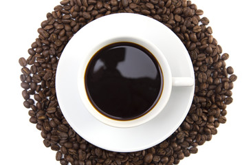 Cup of Strong Black Coffee in a White Cup and Saucer