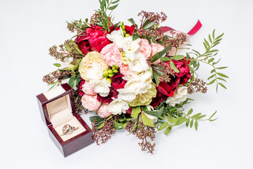 beautiful modern wedding bouquet on white table