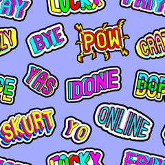 Seamless pattern with patches with words "Friyay (friday+yay)", "Lucky", "Dope", "Yo", "Crazy", "Skurt", "Online", "Bye", etc. Cartoon comic style of 80s - 90s. Blue background.