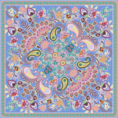 Paisley Bandana print. Vector square pattern. Blue