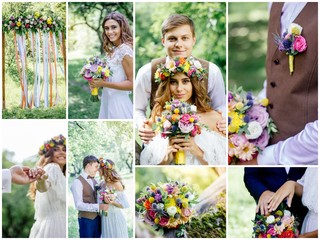 Wedding collage - beautiful marriage outdoors, montage of wedding day.