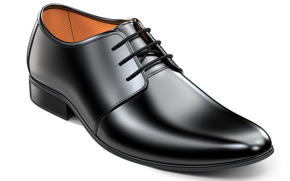 Beautiful black leather shoes for men. Classic office footwear 3d rendering isolated on white background.