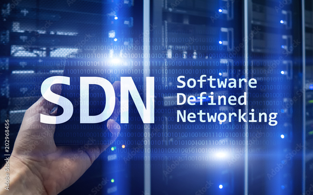 Poster sdn, software defined networking concept on modern server room background.?