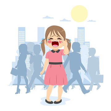 Little young cute girl crying lost in crowded city
