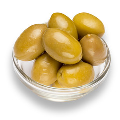 green olives isolated in glass bowl on white background