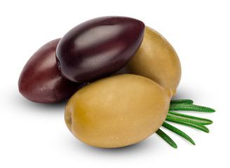 green and black olives isolated on white background