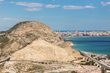 Landscape view Castle of Santa Barbara the main tourist spot of European summer in Alicante, Spain