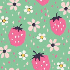 seamless pattern with strawberries and flowers