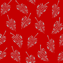 Gray leaves on a red background. Seamless ornamental pattern with the inscription: autumn. 