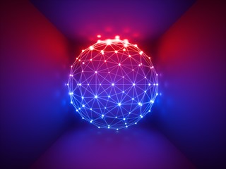 3d render, glowing sphere, network connections, ultraviolet neon lights, abstract background, red...