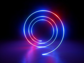 3d render, glowing rings, round lines, tunnel, neon lights, abstract background, circles, red blue...